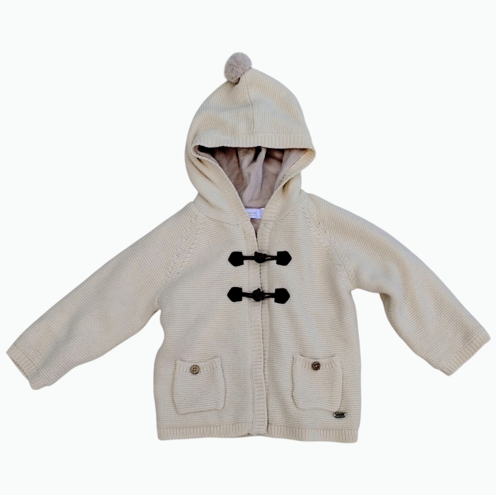 Mayoral Cream Knit Lined Cardigan Size 18 Months Baby Boy Hooded Jacket Velour
